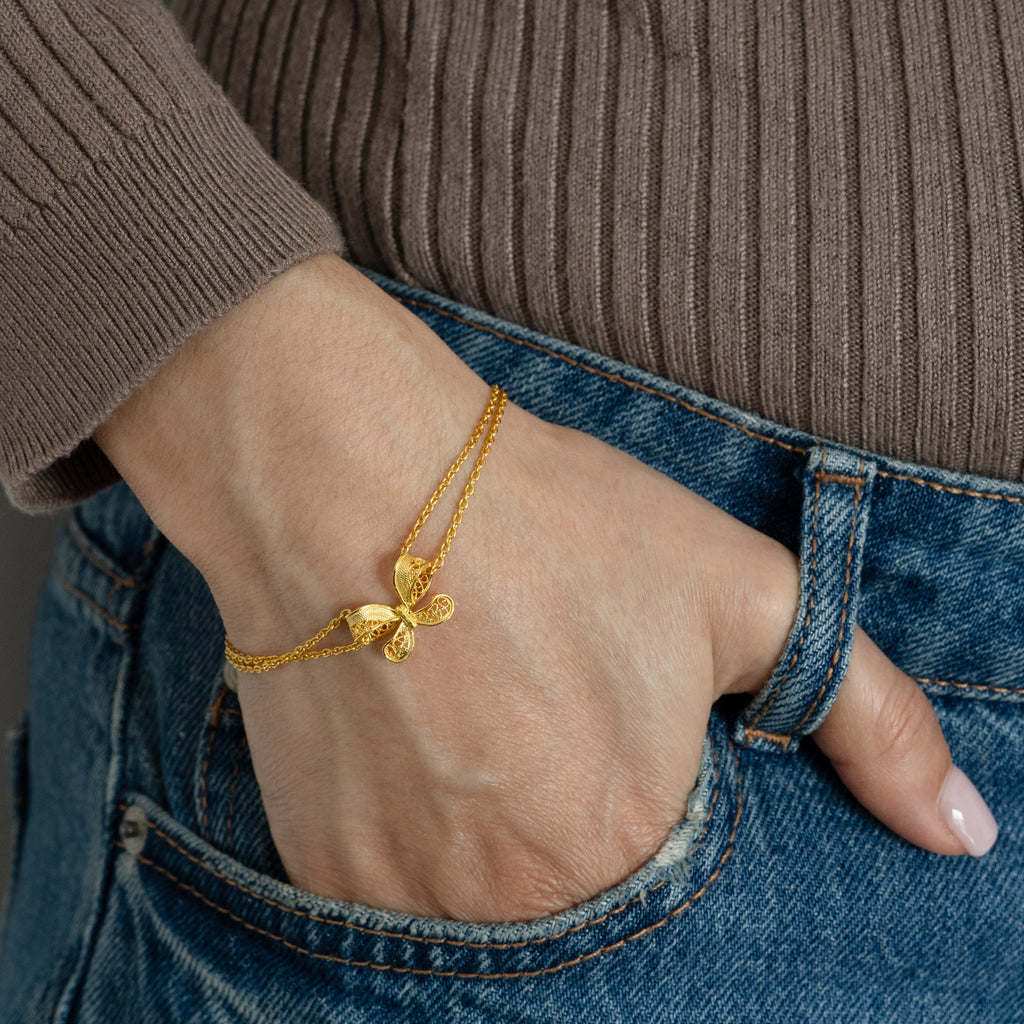 Pulseira Prata Dourada Filigrana - Laço