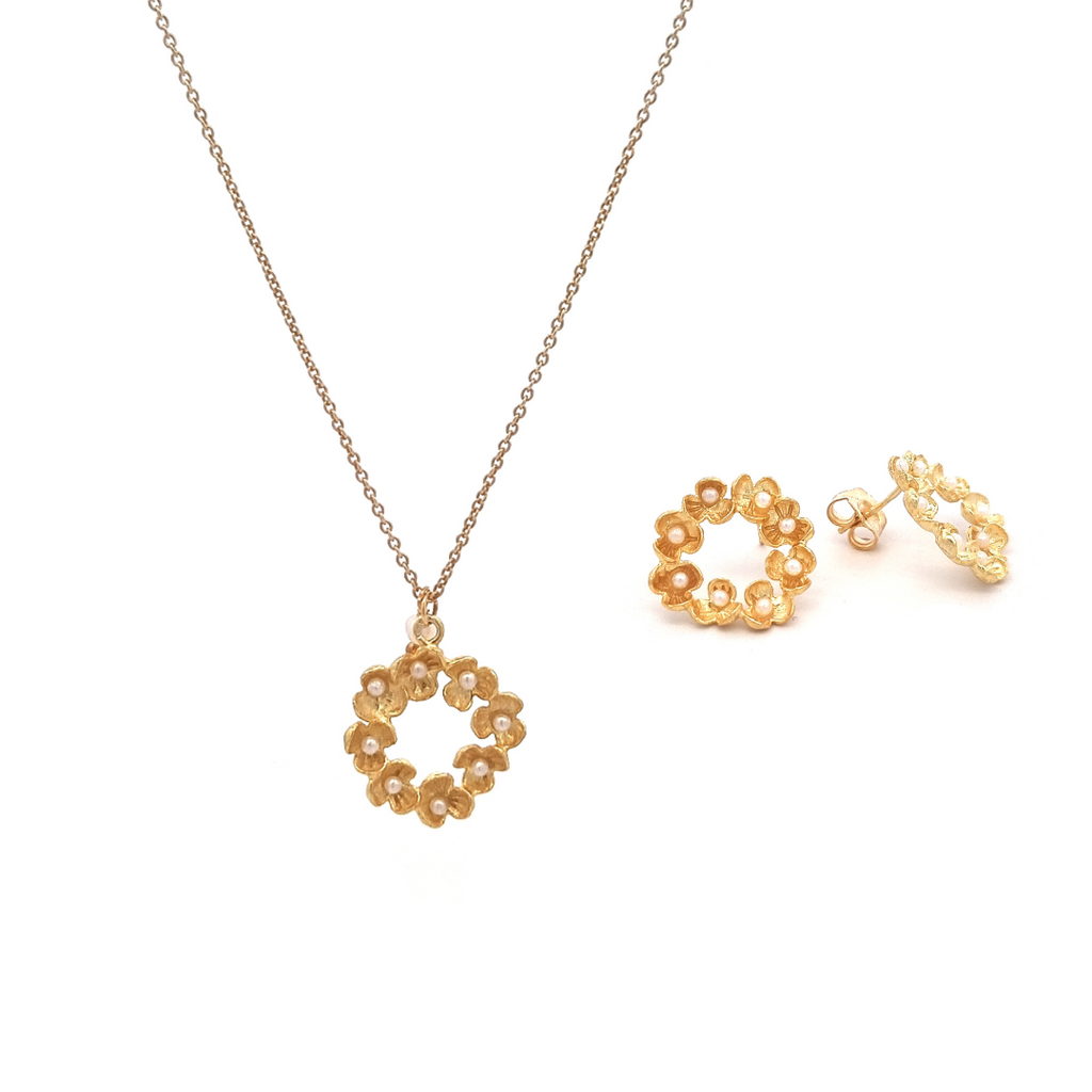 Conjunto Colar e Brincos Prata Dourada com Pérola - Coleção Flower